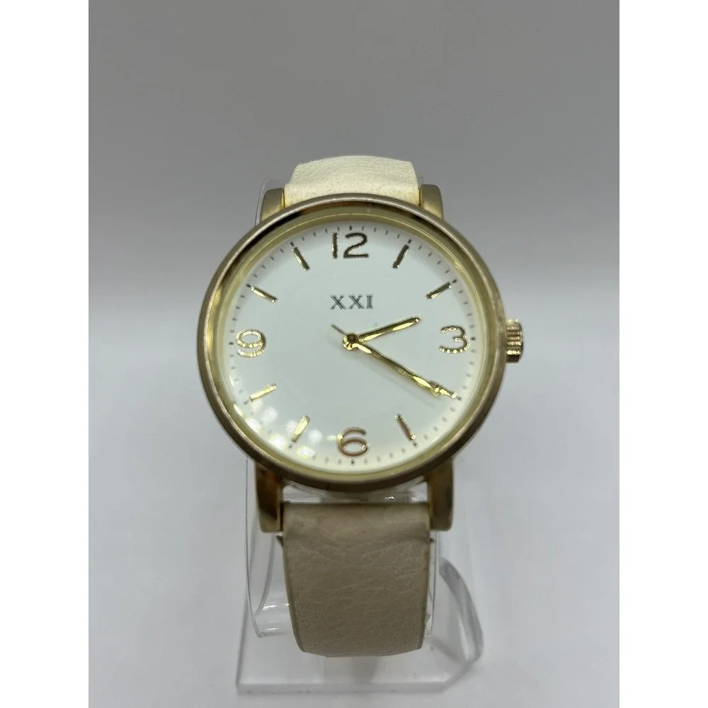 XXI‎ Analog Watch Gold Tone Cream Buckle Band Simple Stylish- New Battery!